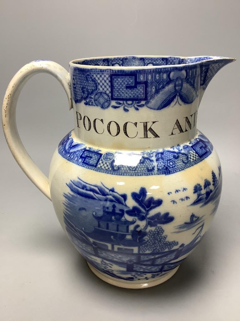 A pearlware ‘Pocock and Allen 1802’ blue and white jug, height 20.5cm